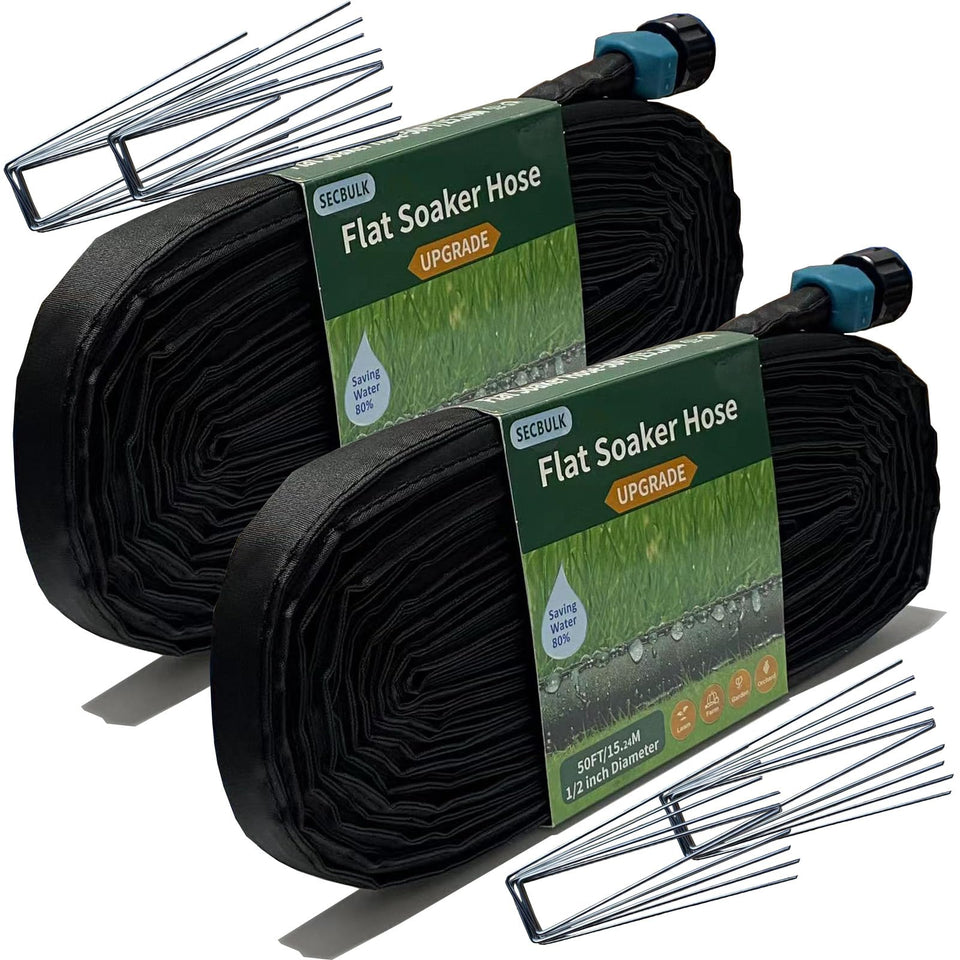 Secbulk flat soaker hose setup provides even watering along garden beds.