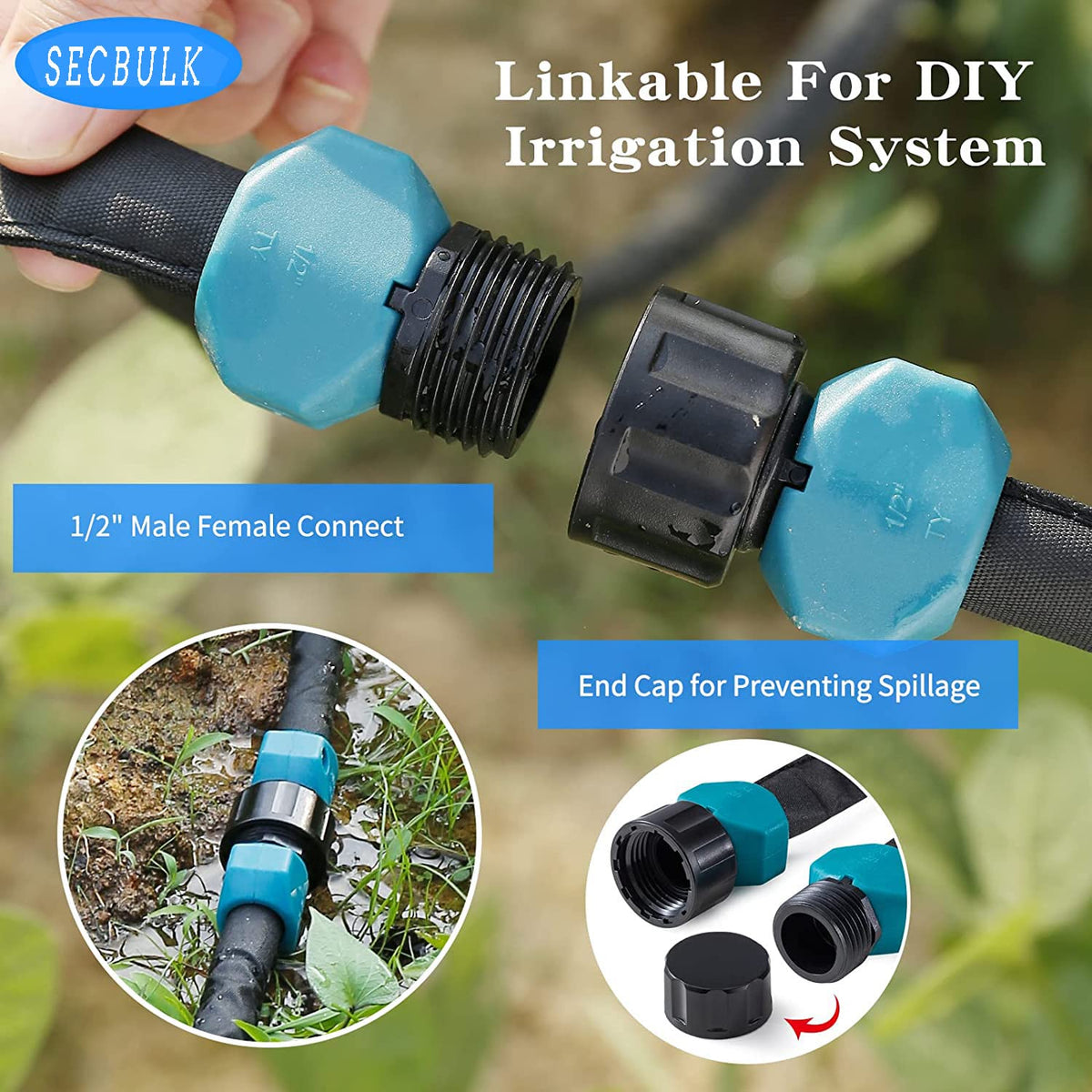 Secbulk linkable drip hose ends connected for scalable irrigation with timer