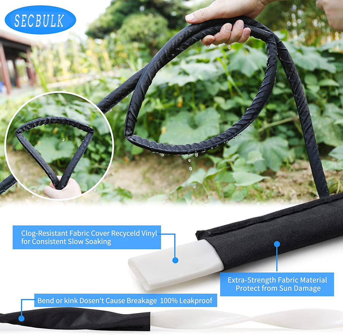 Slow seep pattern from Secbulk hose targets plant bases with minimal runoff.
