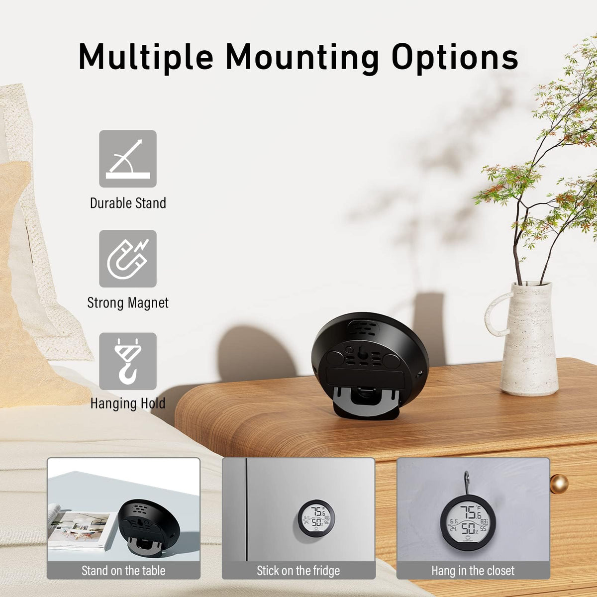 SECRUI digital hygrometer with wall magnet and stand for versatile placement