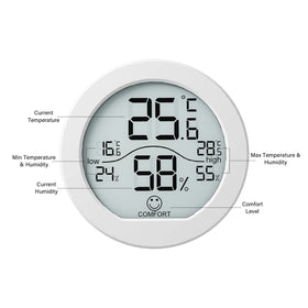 SECRUI TH1 air-comfort-indicator signals dry, comfortable, or humid conditions.