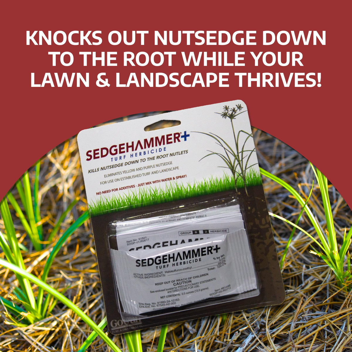 SEDGEHAMMER Plus 13.5g packet designed for easy lawn weed control.