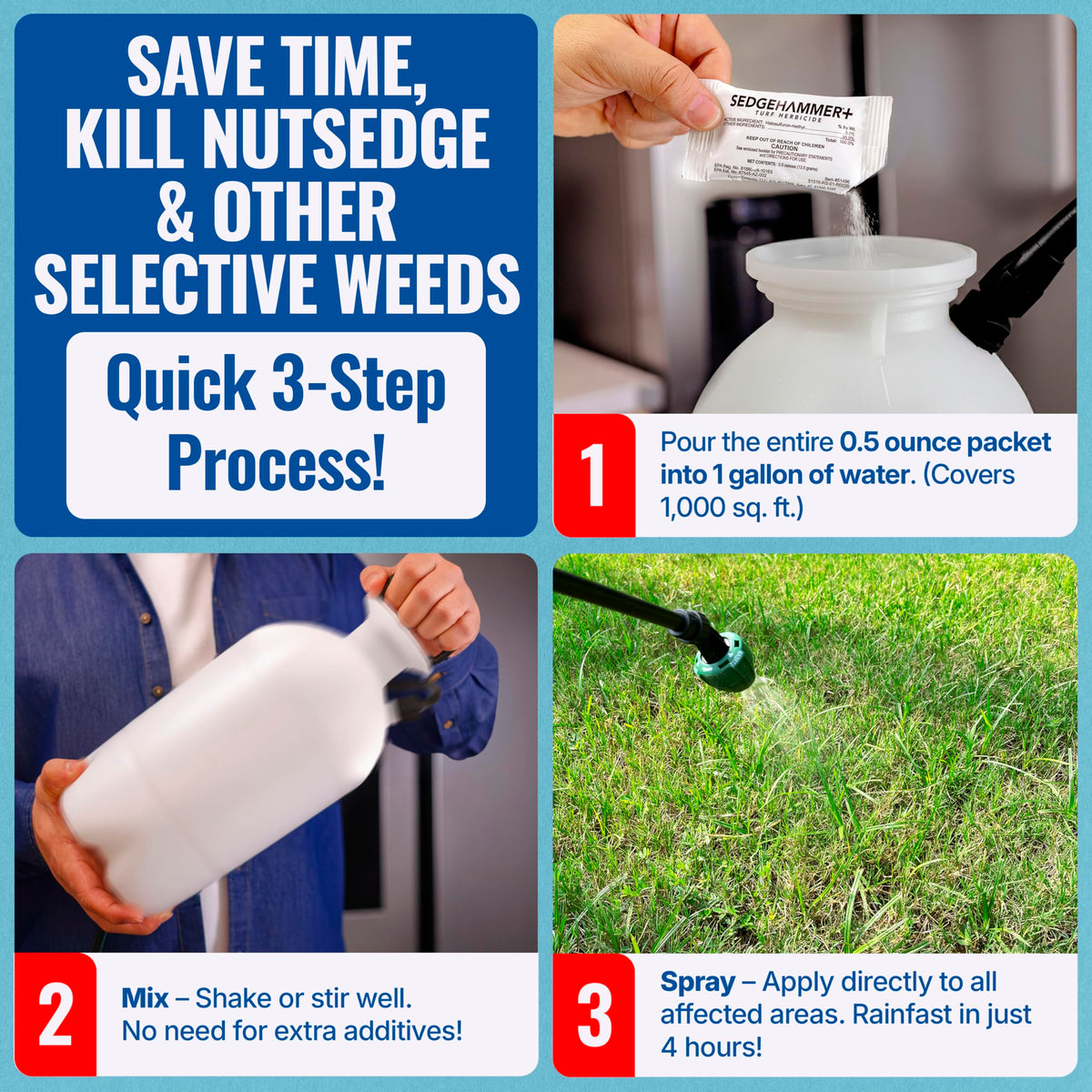 SEDGEHAMMER Plus pre-mixed surfactant enables easy, even mixing.