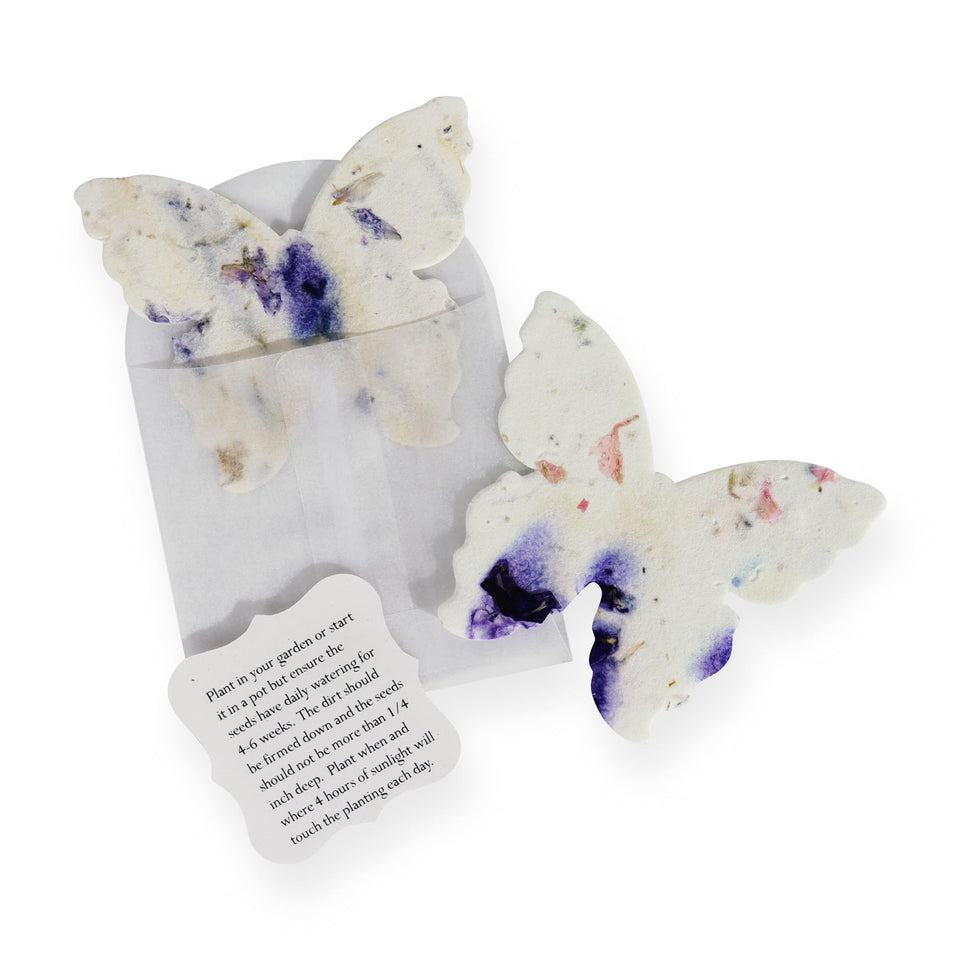 Seed Bloom Wildflower Seed Paper 24-pack with purple butterflies for gifting and planting.