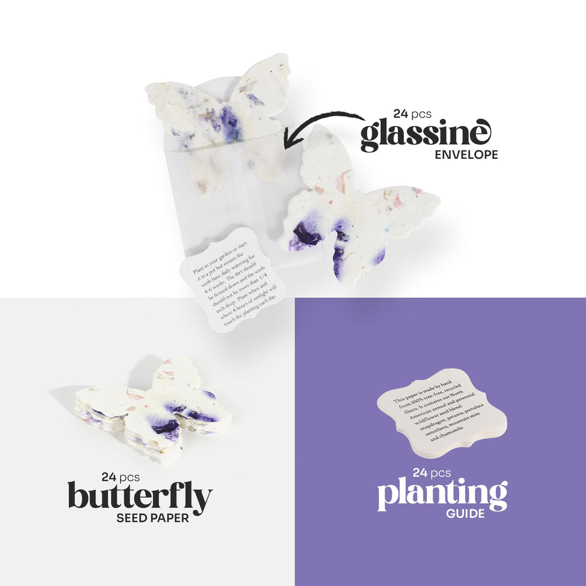 Seed Bloom purple butterfly seed papers with envelopes for personalized wedding or memorial favors.