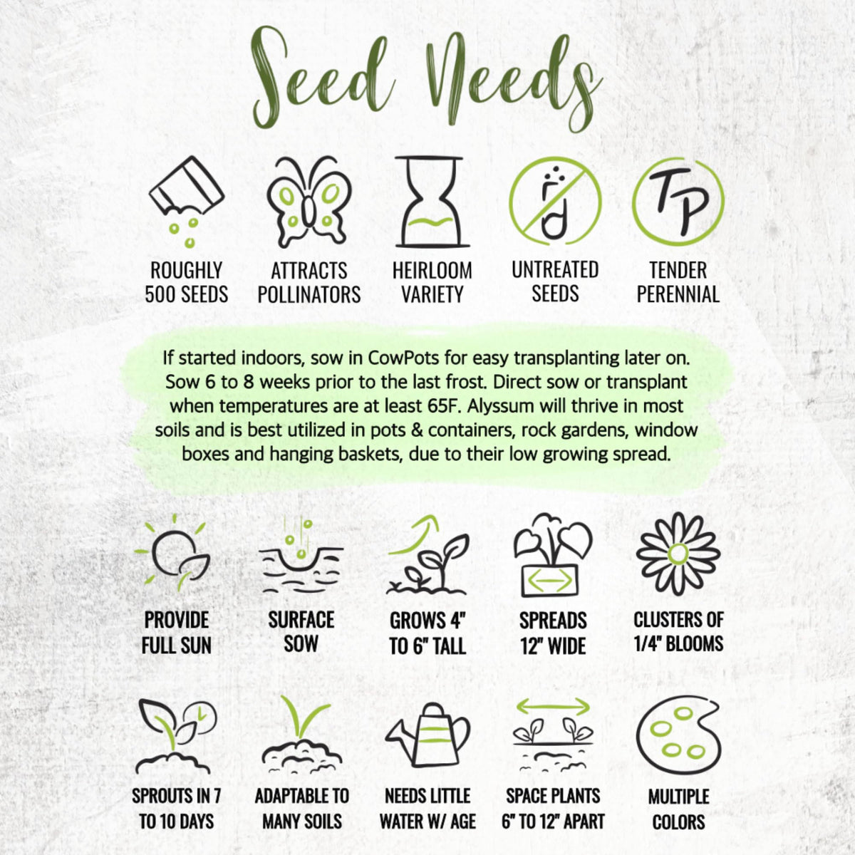 Seed Needs packaging design for heirloom alyssum seed packets