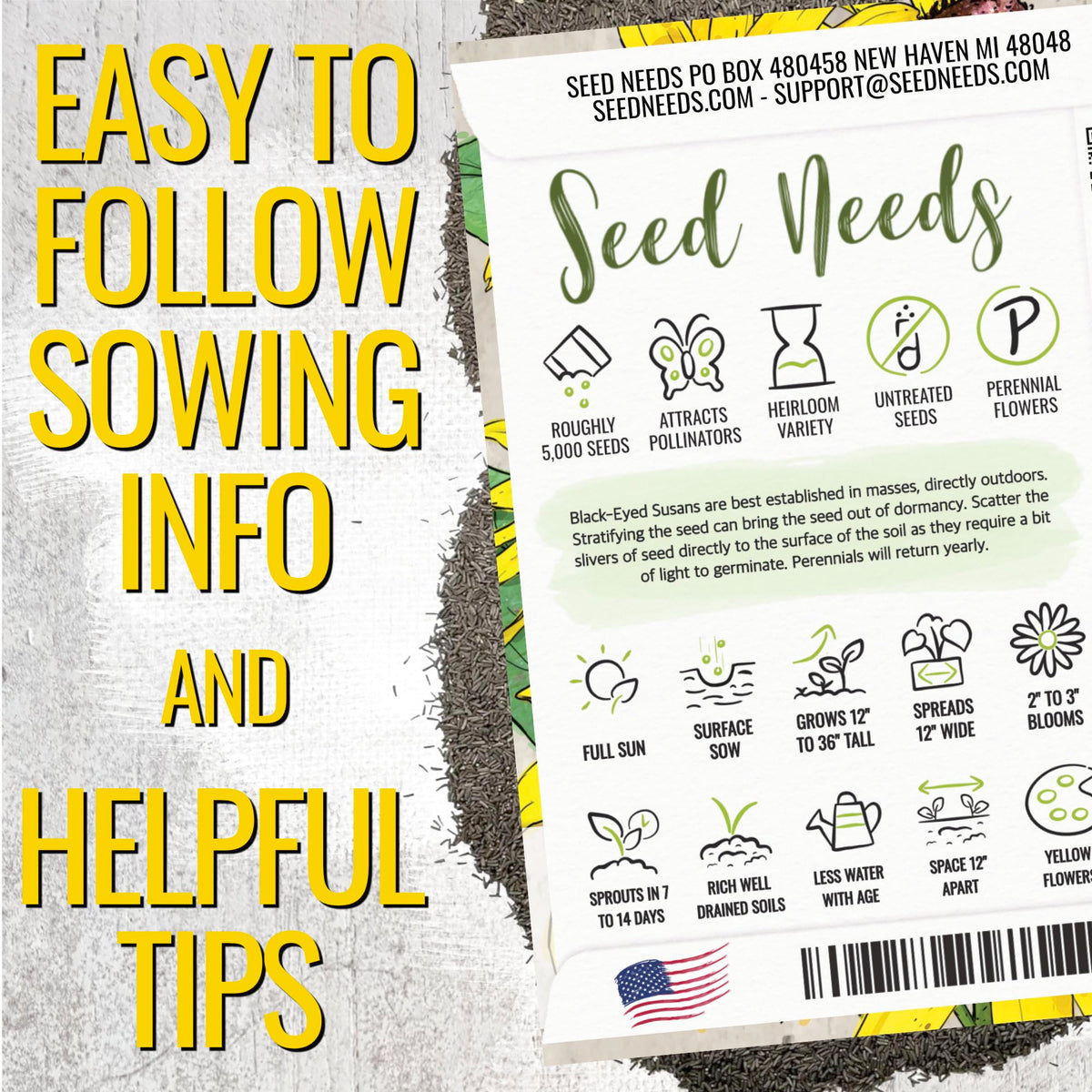 Seed Needs Black Eyed Susan bloom with bright yellow petals brightening borders.