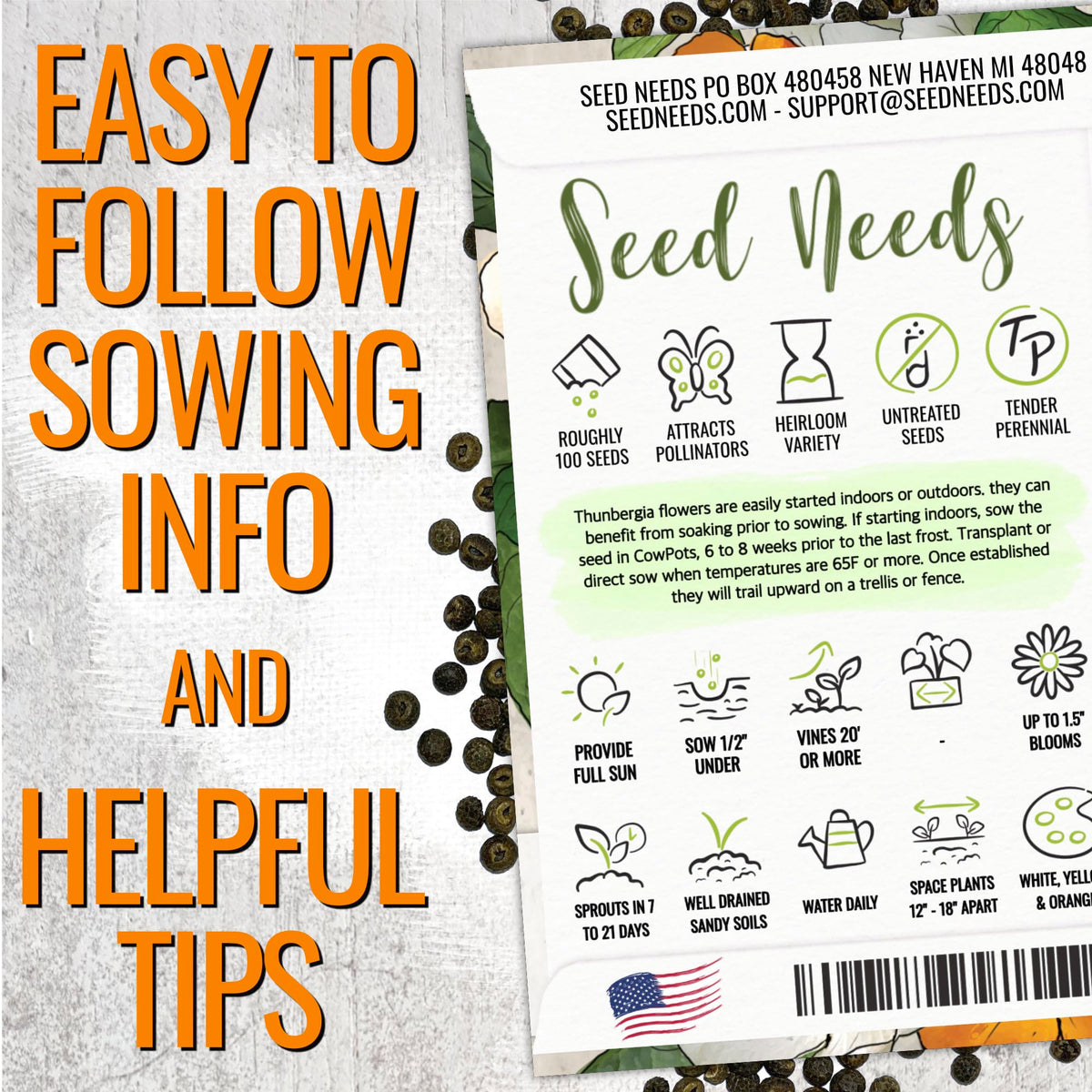 Seed Needs Black-Eyed Susan Vine seed close-up, showcasing heirloom, open-pollinated potential.