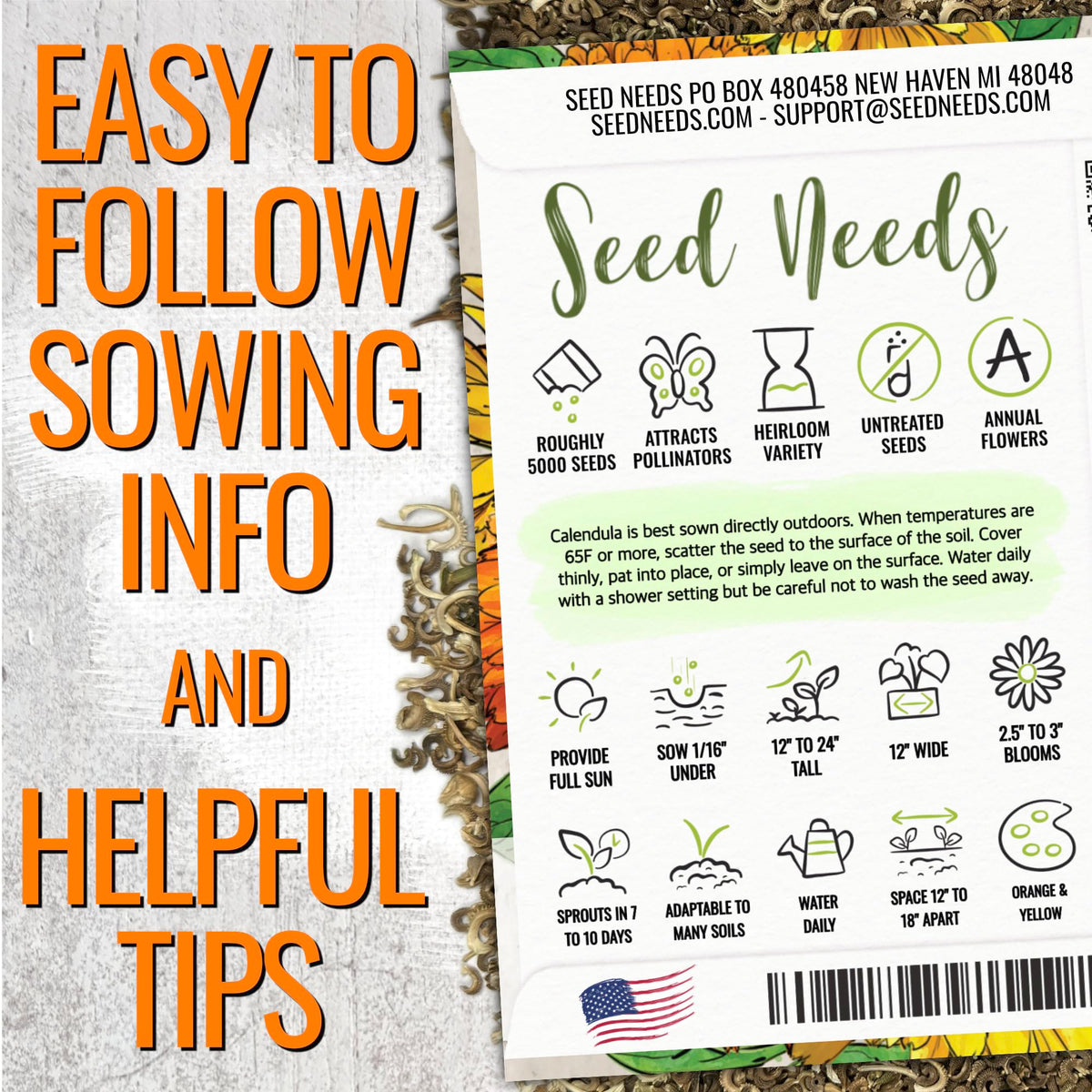 Seed Needs Calendula Pacific Beauty Mix daisy-like blossoms add color to containers