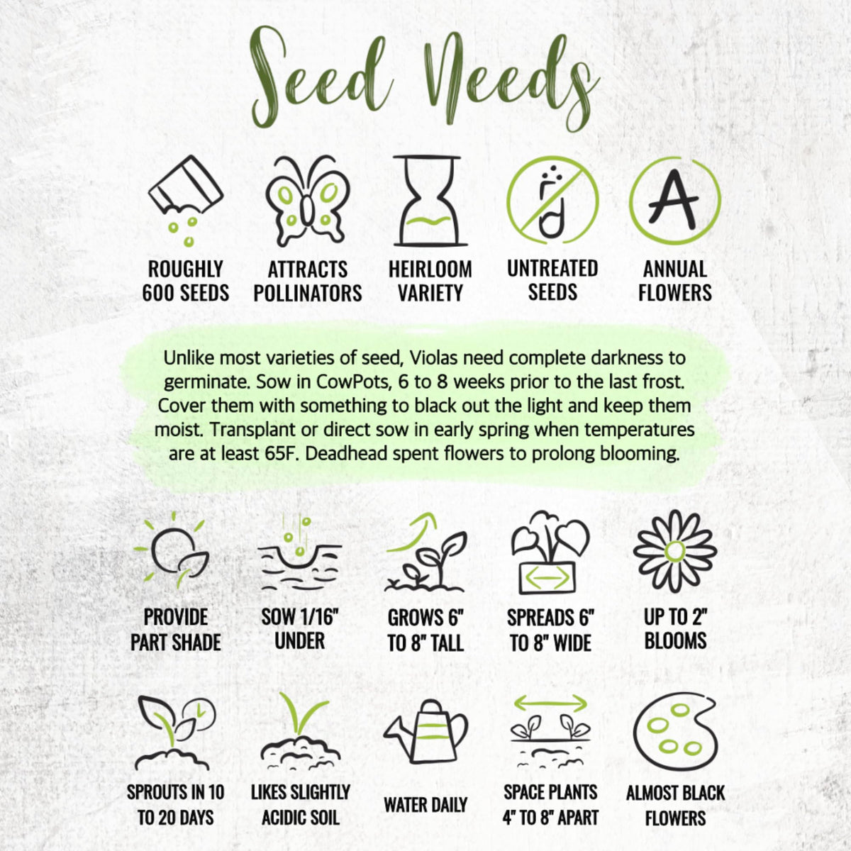 Seed Needs Clear Crystals Black Pansy seed packaging preserves freshness and non-GMO assurance.