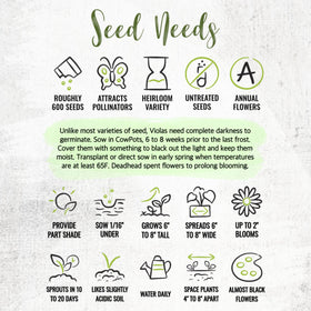 Seed Needs Clear Crystals Black Pansy seed packaging preserves freshness and non-GMO assurance.