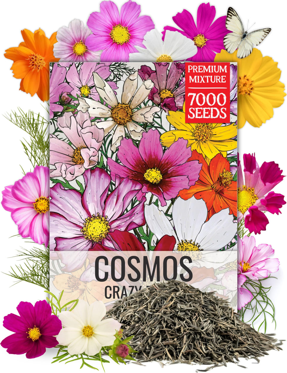 Seed Needs Cosmos Crazy Blend packaging art and seed information in one image.