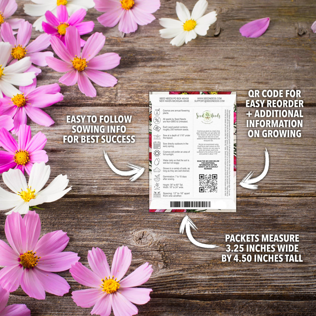 Seed Needs Cosmos Pinkie seed packet showcases vibrant pink blooms for a cheerful border.