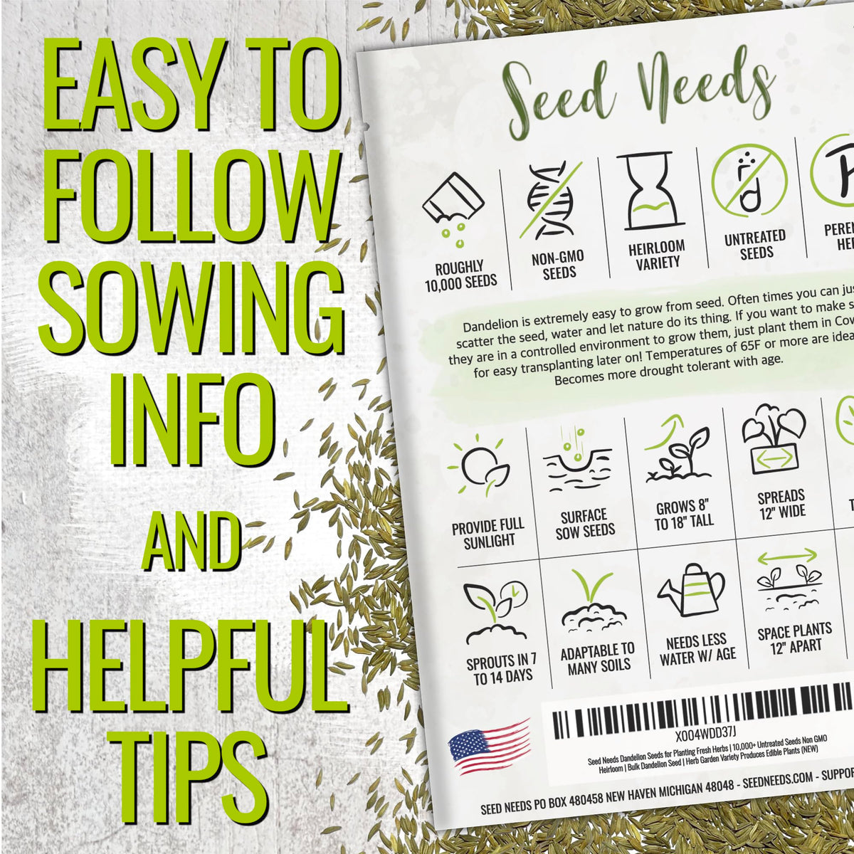 Seed Needs dandelion seeds heirloom variety packet for timeless home garden harvest