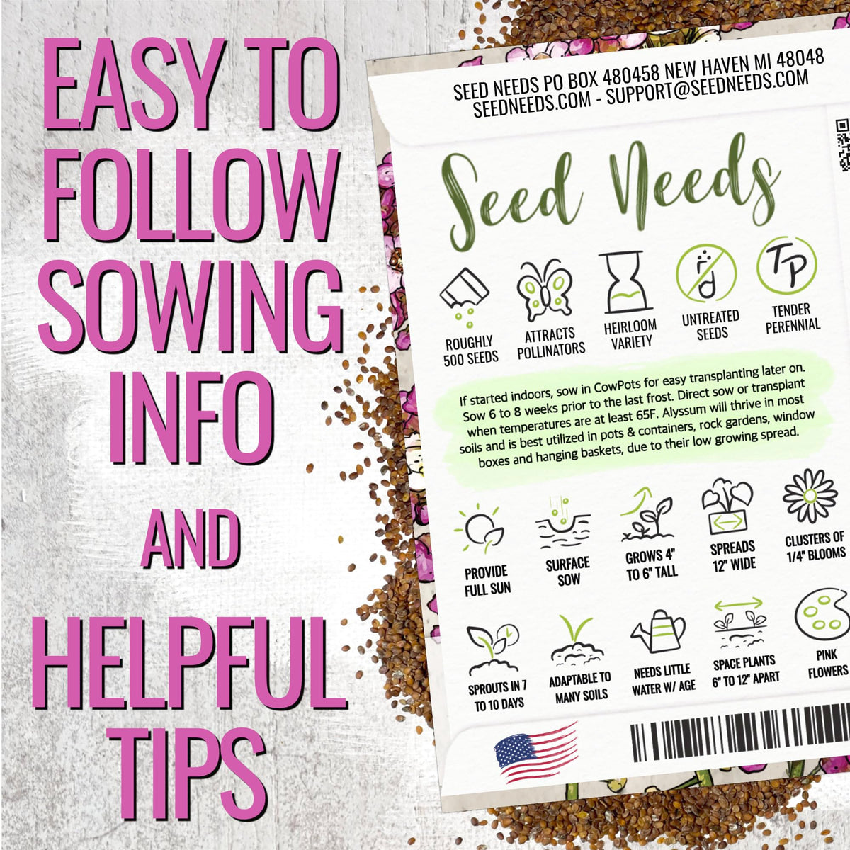 Seed Needs Dwarf Pink alyssum seed packet for compact containers