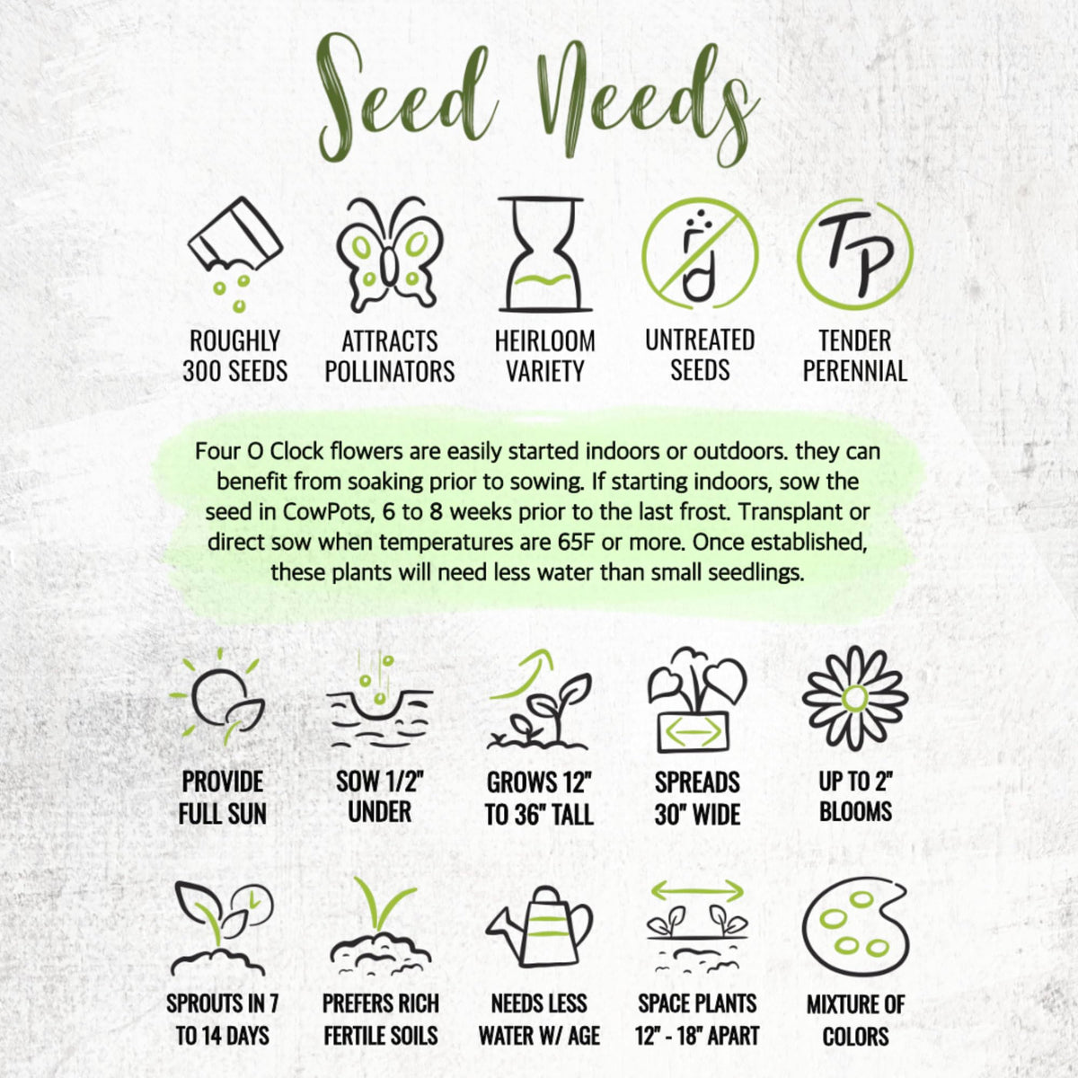 Seed Needs resealable seed pouch shows artwork and sowing guidance for easy storage.
