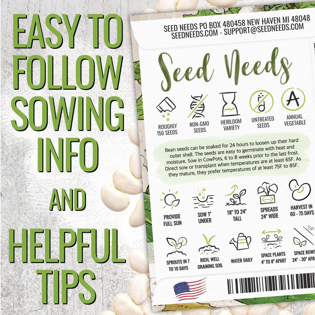 Seed Needs Henderson Lima beans bush plant view for containers.