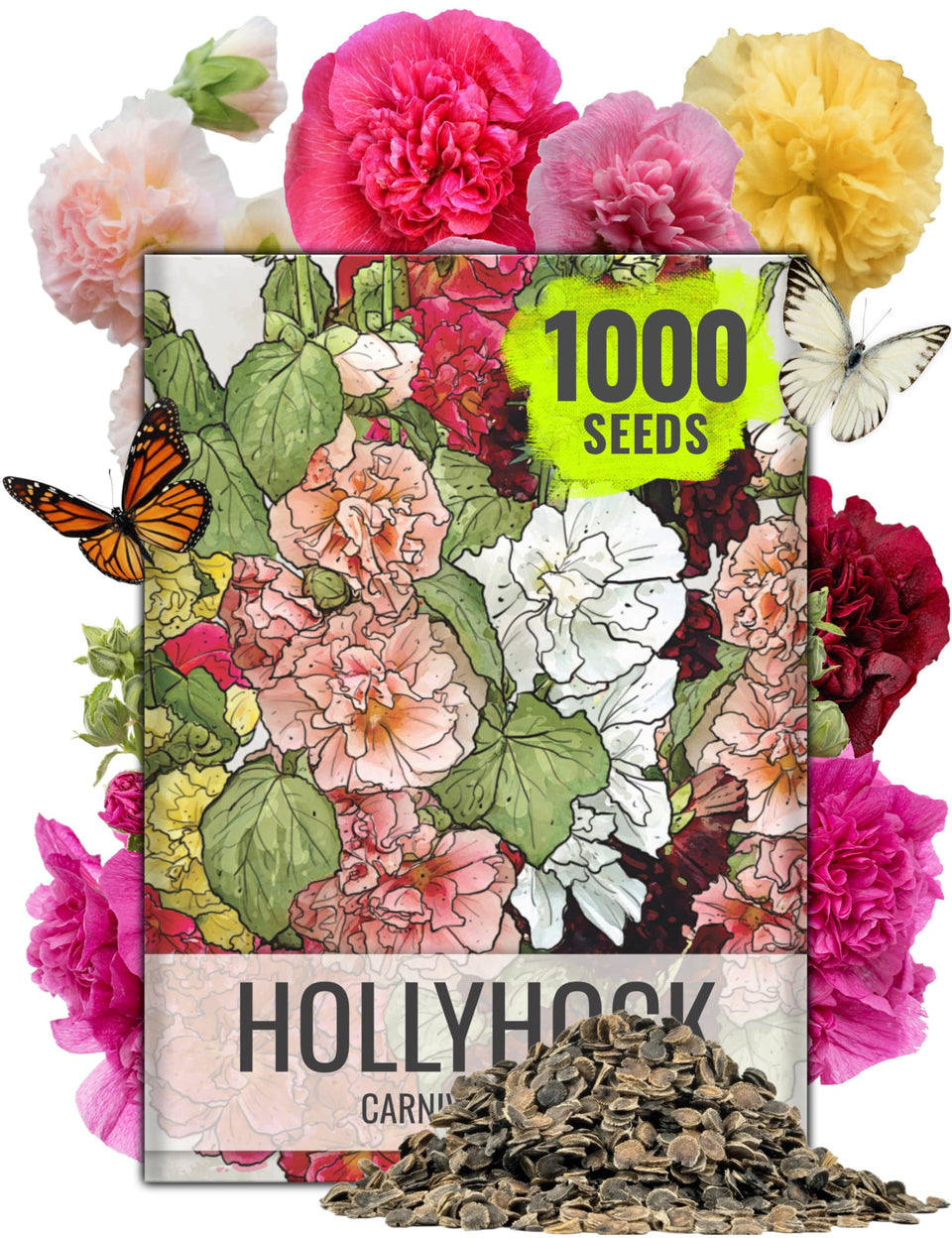 Seed Needs Hollyhock Carnival tall-backdrop blooms brighten cottage gardens.