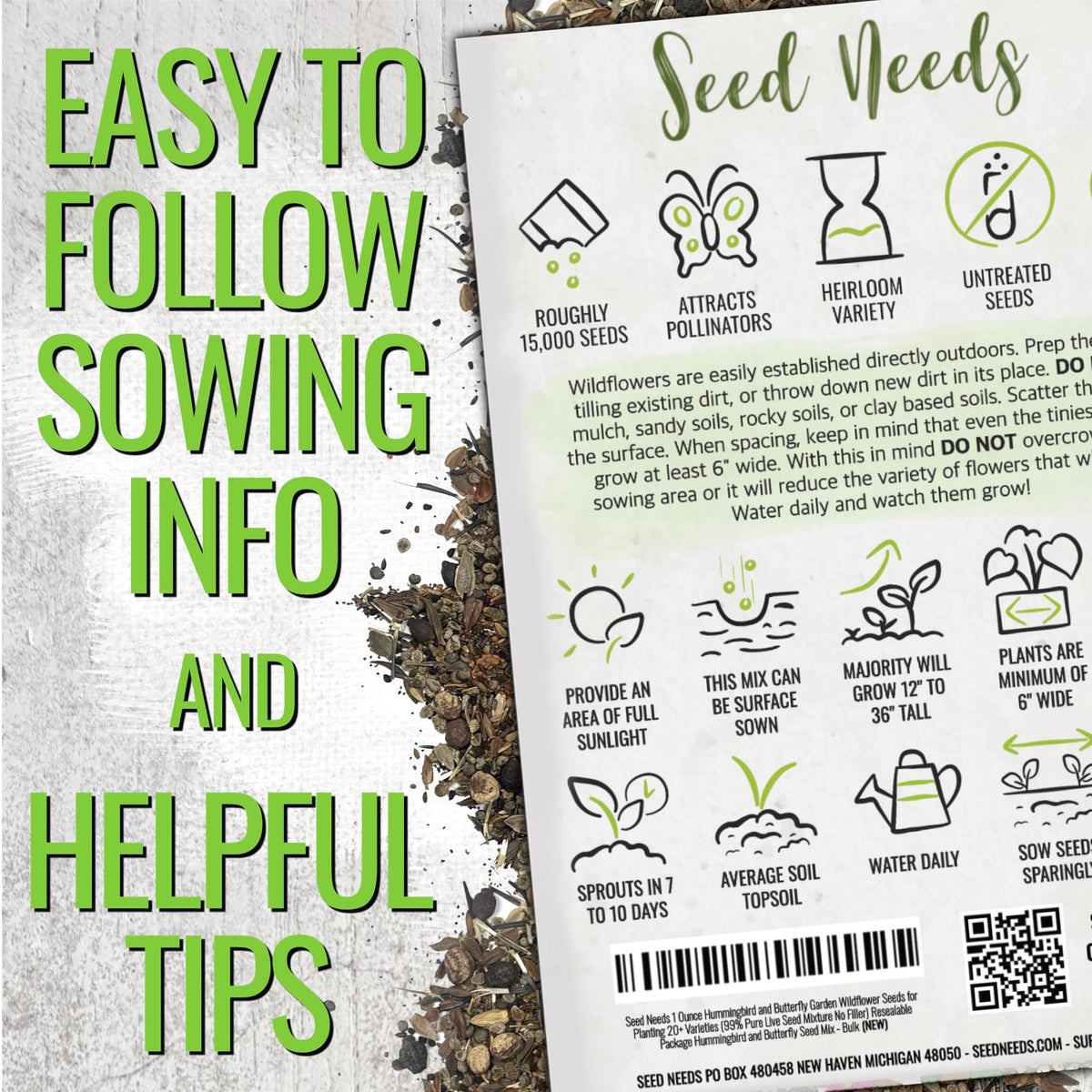 Seed Needs hummingbird and butterfly seed mix closeup seeds, easy to sow and grow