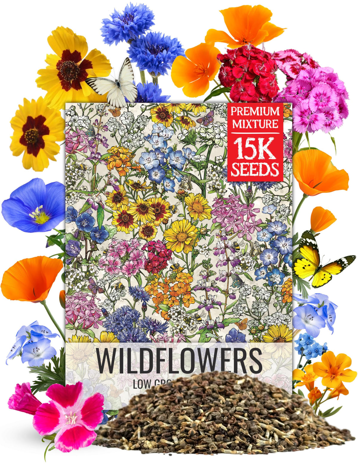 Seed Needs low-growing wildflower seed mix packaging shown as a resealable bag for easy storage and reuse