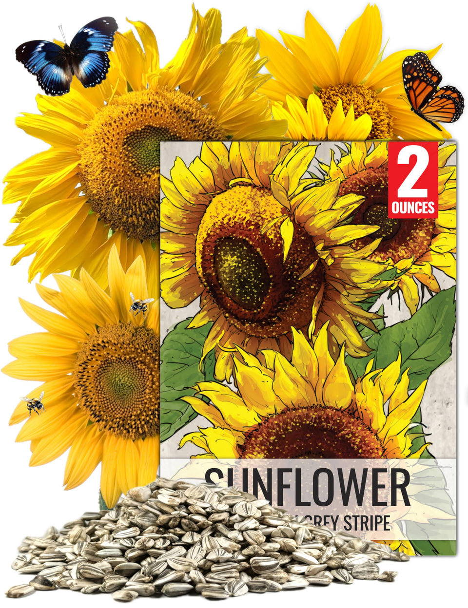 Seed Needs Mammoth Grey Stripe seed packet front for tall, heirloom sunflowers.