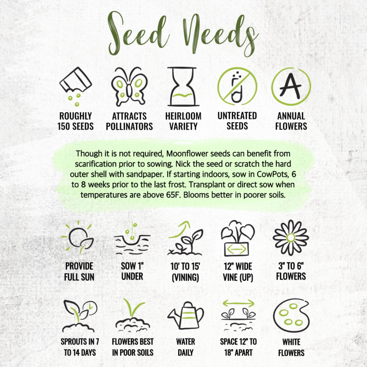 Seed Needs Moonflower packaging emphasizes freshness and care for gardeners.