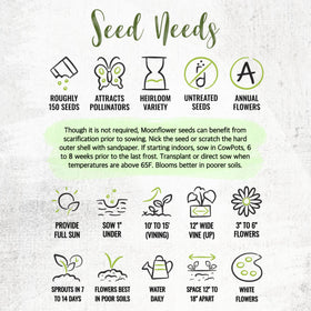 Seed Needs Moonflower packaging emphasizes freshness and care for gardeners.