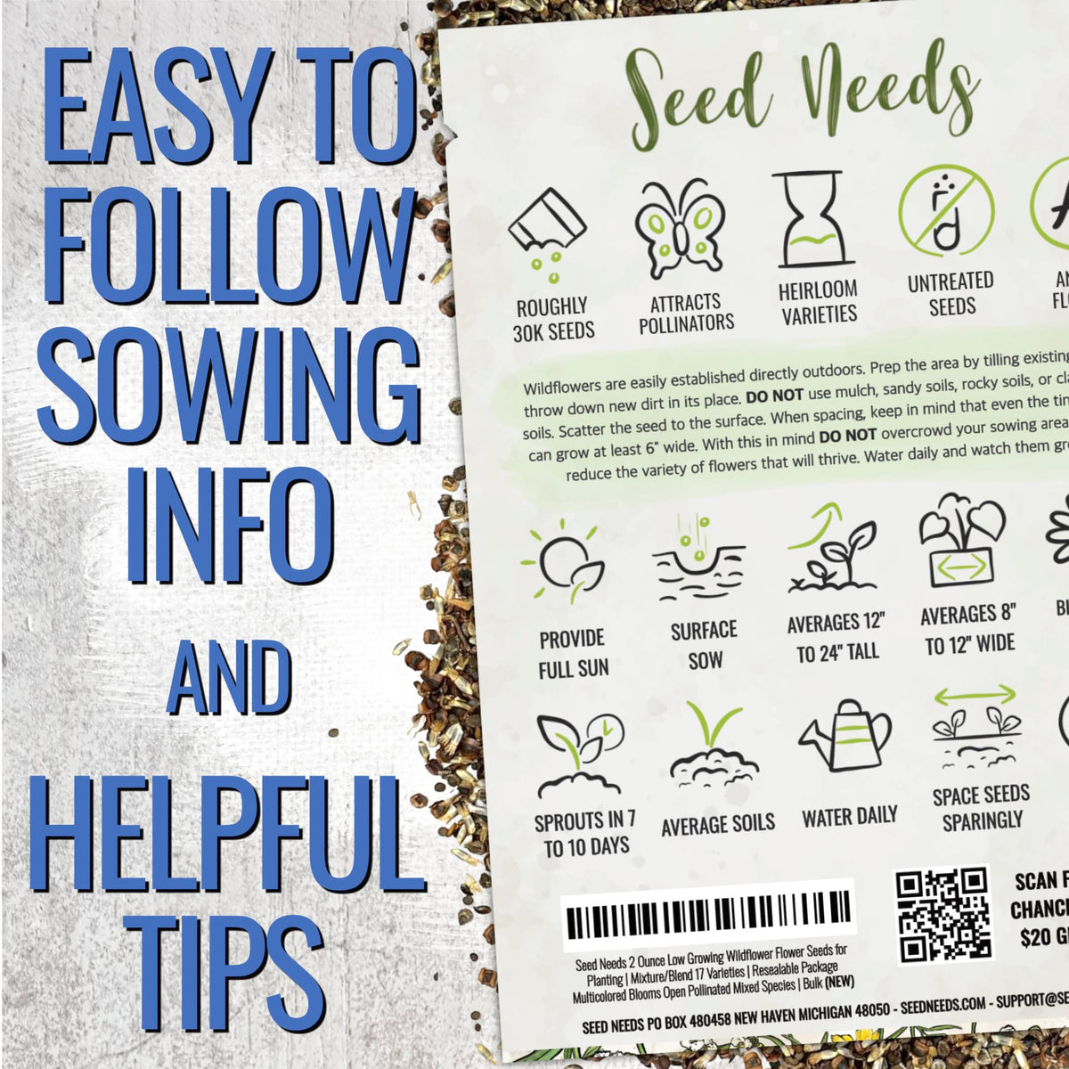 Seed Needs open-pollinated seeds in resealable packaging for freshness.