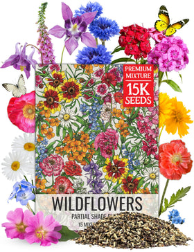 Seed Needs partial shade wildflower seed mix packaging shows colorful varieties for shaded gardens.