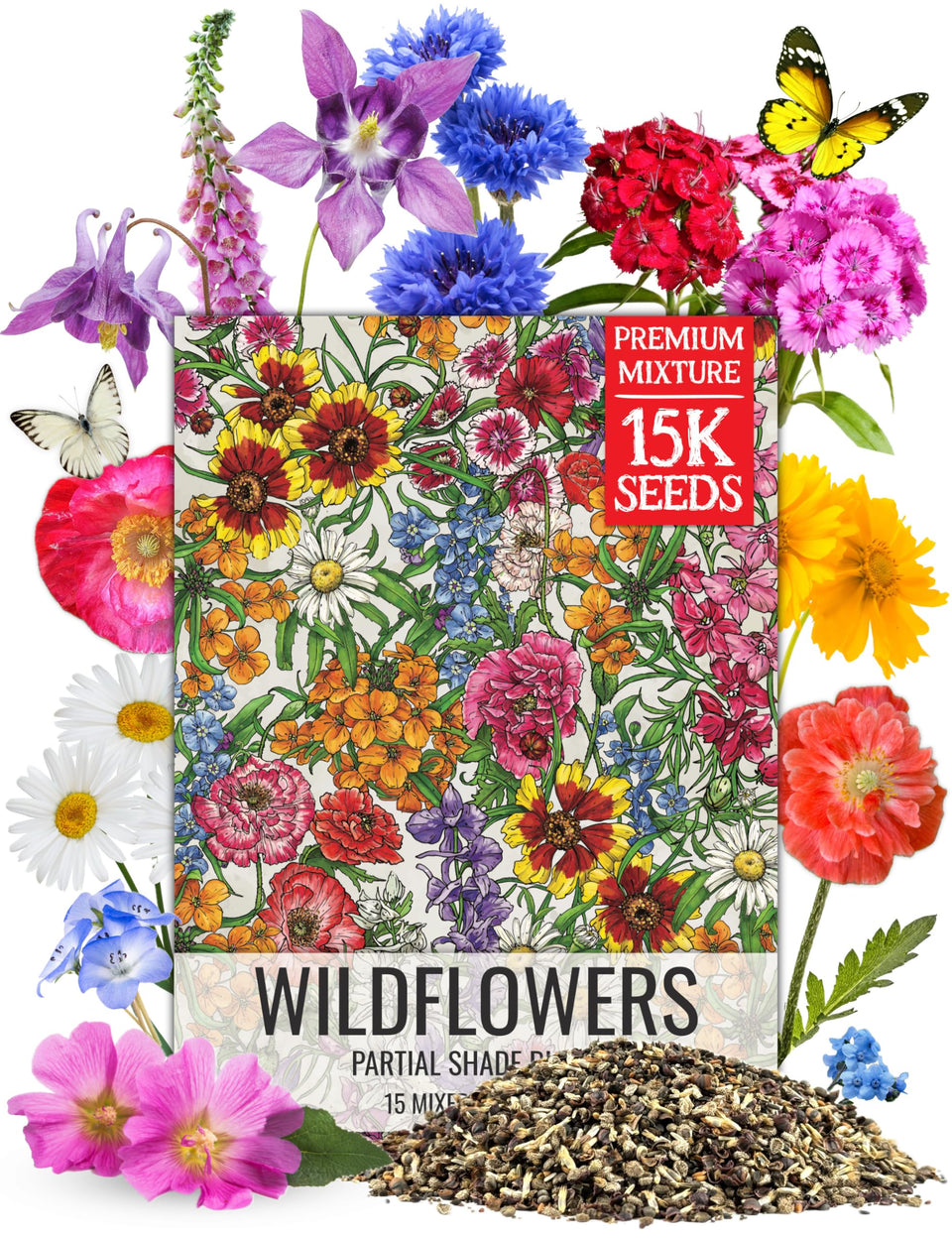Seed Needs partial shade wildflower seed mix packaging shows colorful varieties for shaded gardens.
