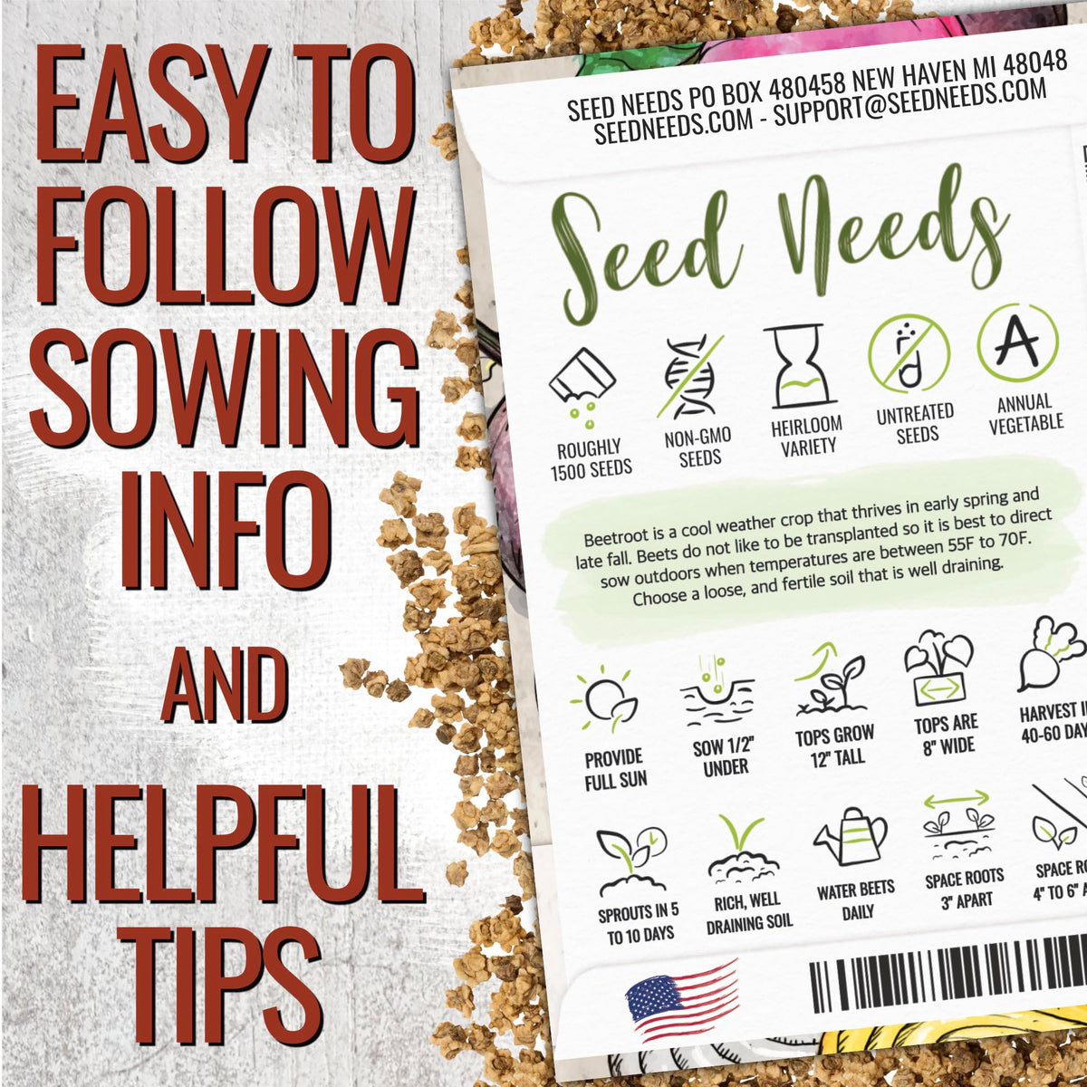 Seed Needs Rainbow Beet Seeds back illustration with sowing tips for confident planting