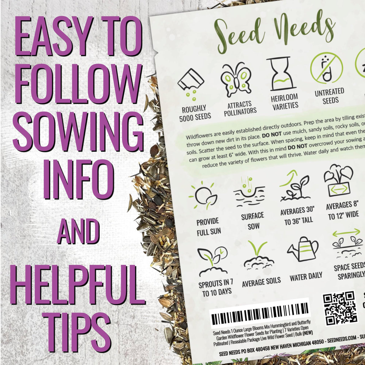 Seed Needs resealable package keeps seeds fresh for seasons of planting.