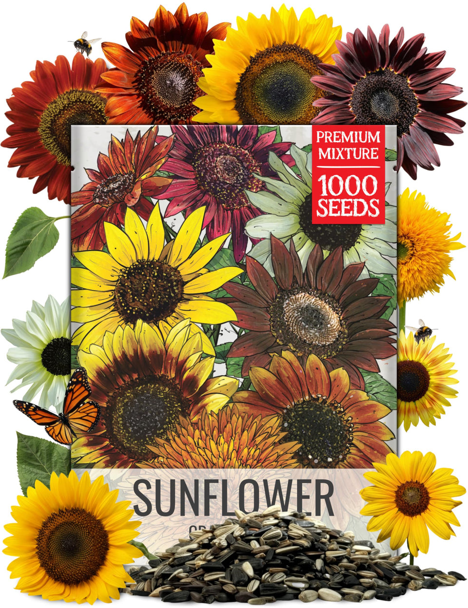 Seed Needs Sunflower Crazy Blend packet front displaying 15+ colorful varieties for garden borders.