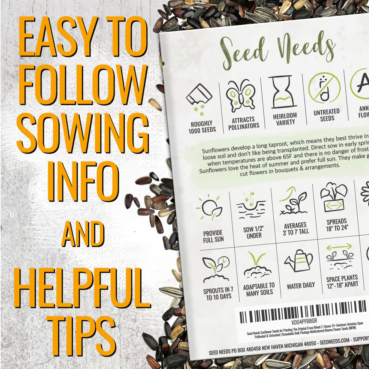 Seed Needs Crazy Blend seeds spilling from a resealable bag for easy storage.