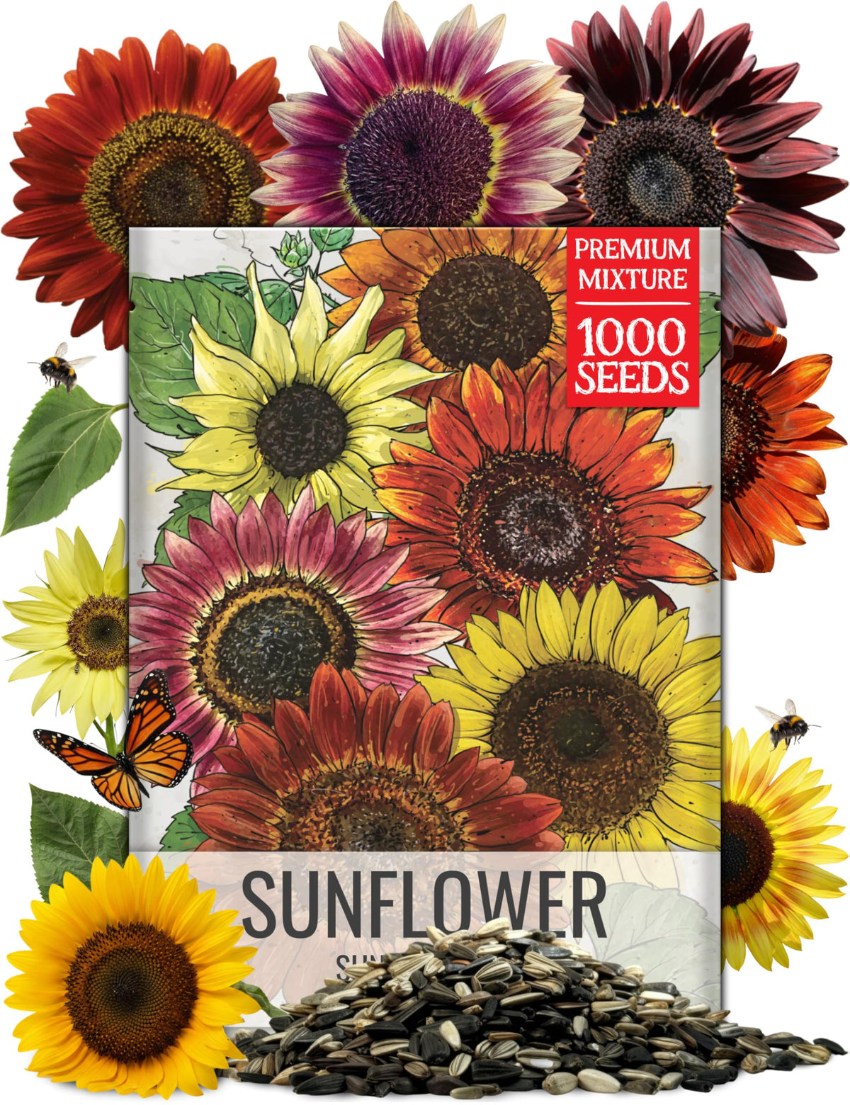 Seed Needs Sunset Blend seed packets show heirloom sunflowers for vibrant late-season color.