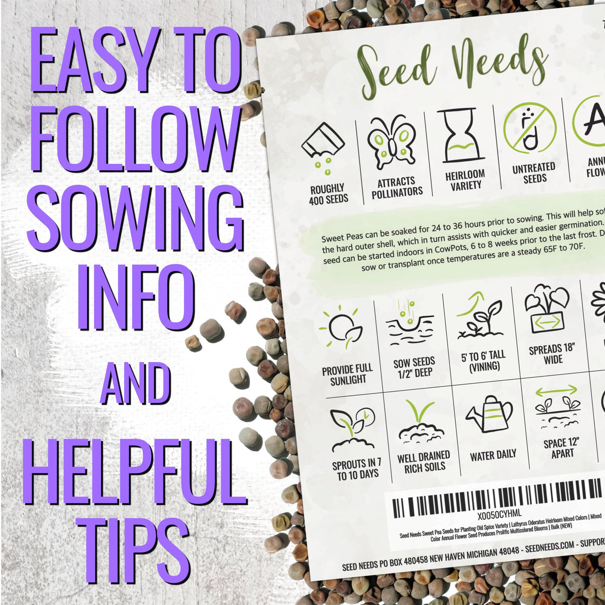 Seed Needs Sweet Pea Old Spice multicolor blooms brighten gardens and cut arrangements.
