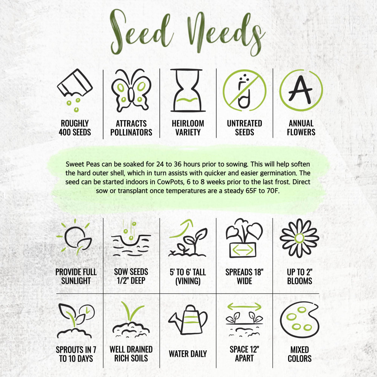 Seed Needs Sweet Pea Old Spice moisture-resistant packaging keeps seeds fresh.