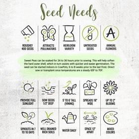 Seed Needs Sweet Pea Old Spice moisture-resistant packaging keeps seeds fresh.