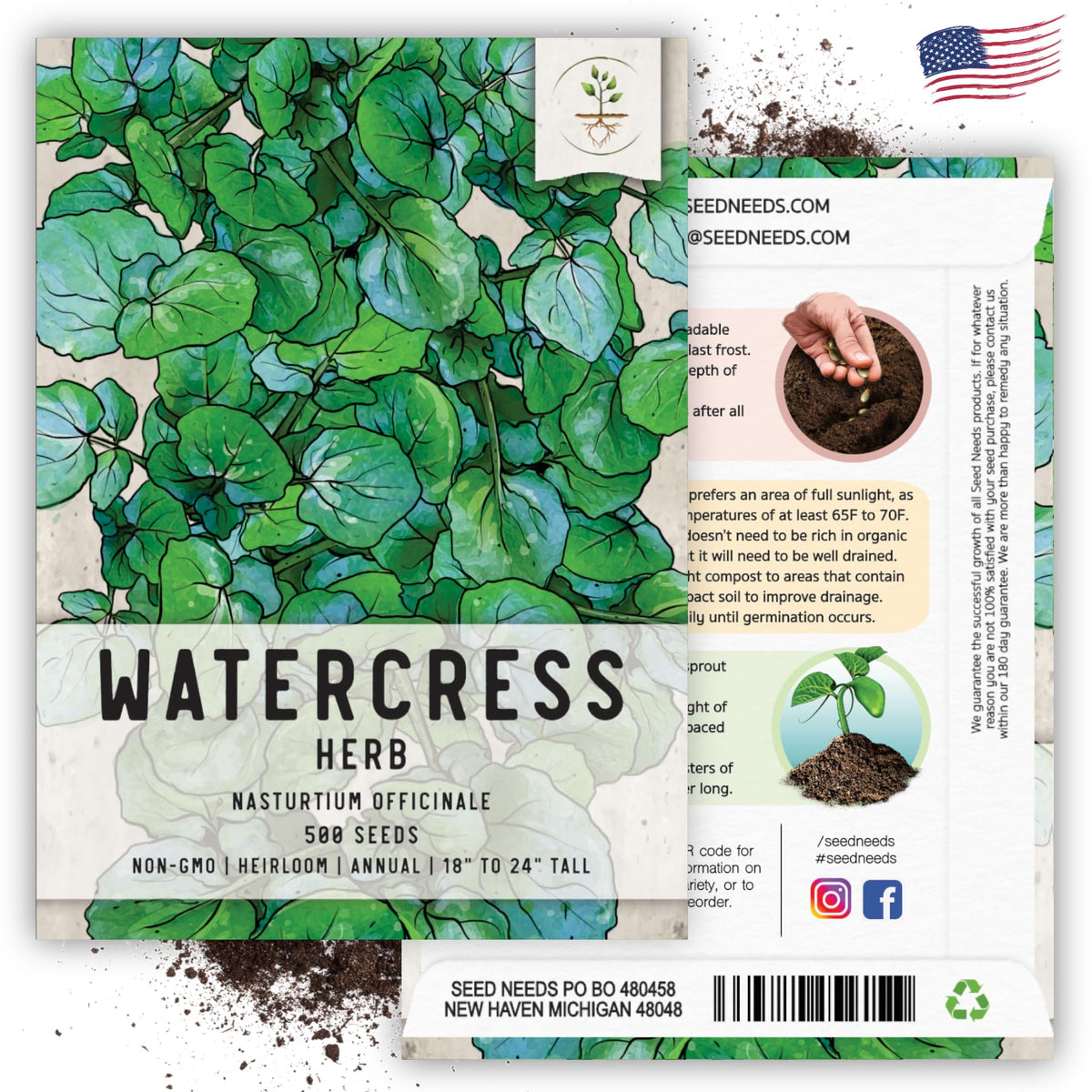 Seed Needs Watercress packaging closeup shows tear-resistant moisture protection.