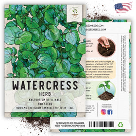 Seed Needs Watercress packaging closeup shows tear-resistant moisture protection.