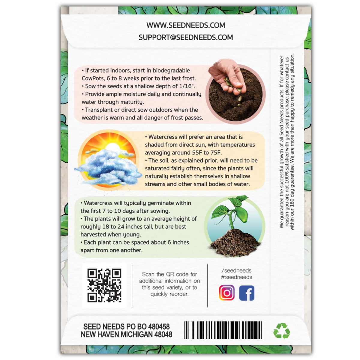 Seed Needs Watercress seed packets closeup highlighting non-GMO heirloom seeds for quick germination.