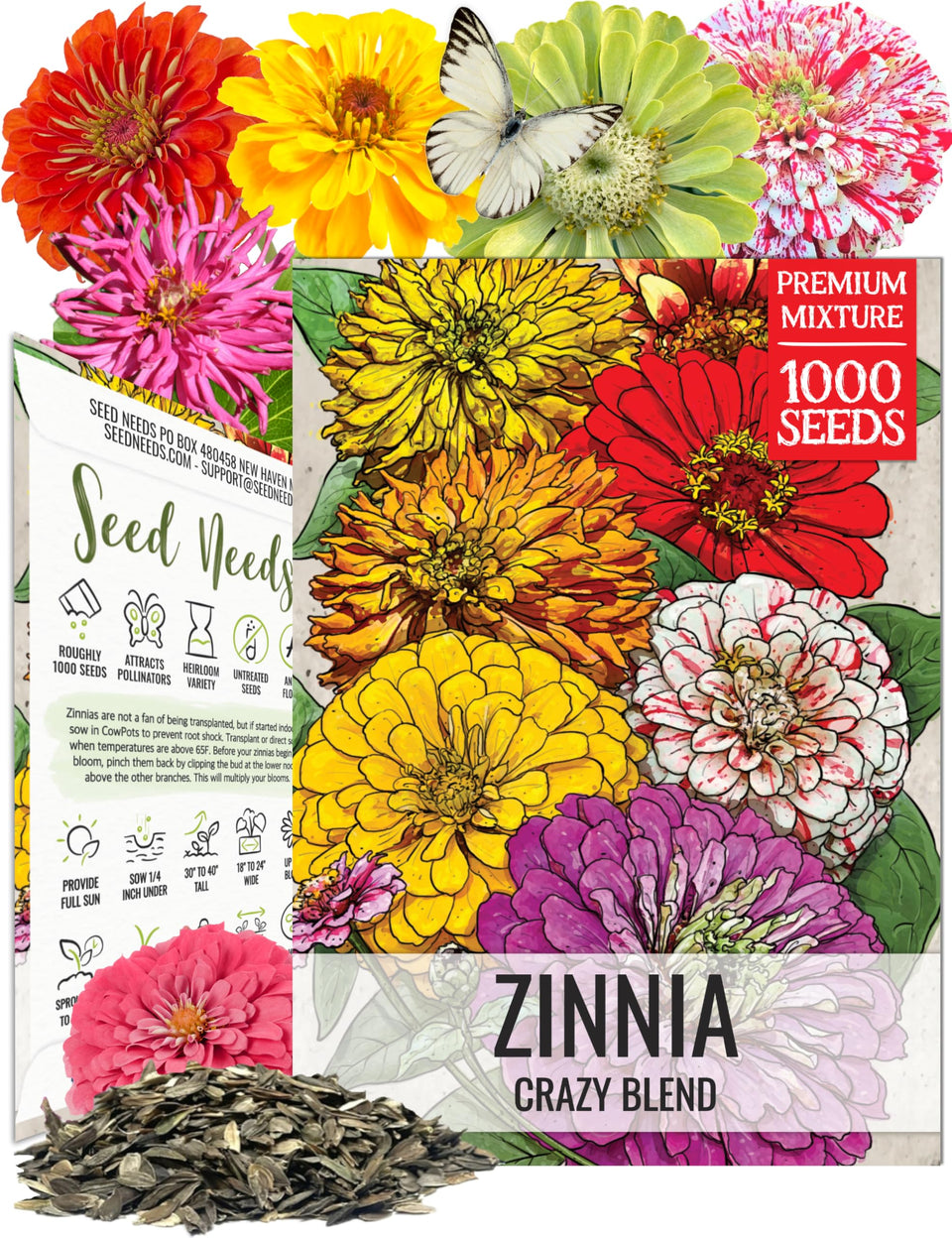 Seed Needs Zinnia Crazy Blend blooms close-up showing vibrant colors for borders