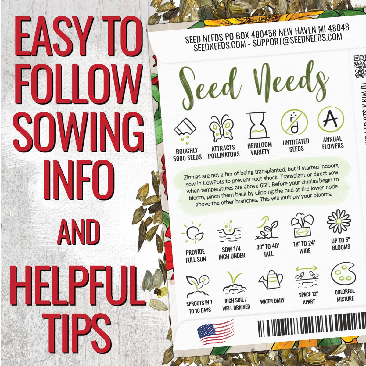 Seed Needs zinnia seeds ready for direct sow in garden bed.