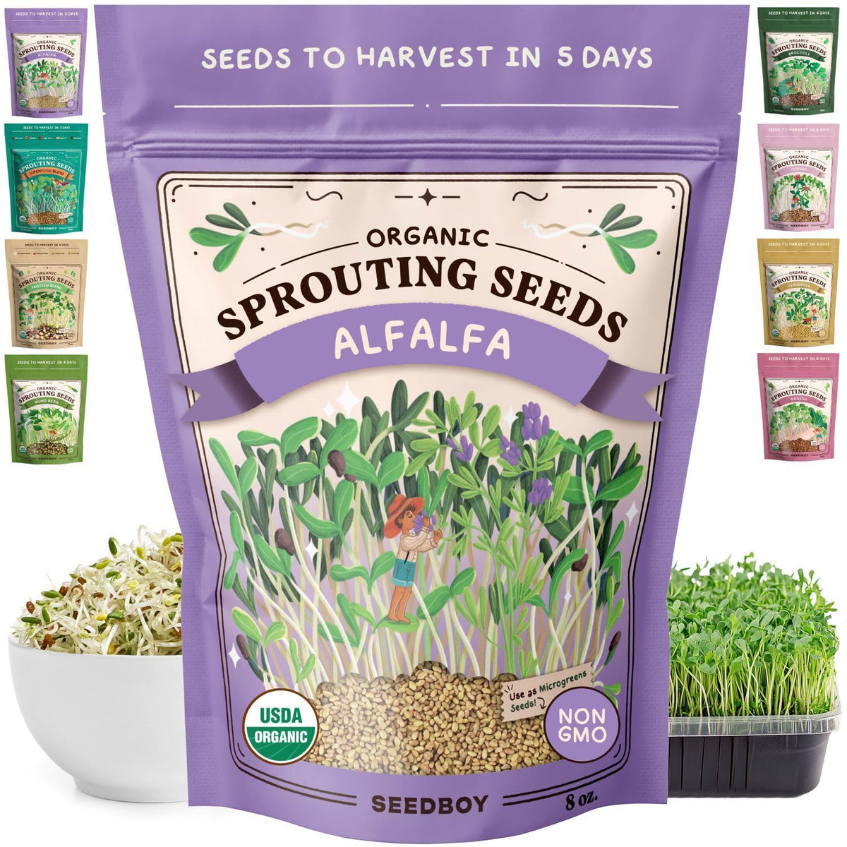 Seedboy alfalfa seeds bag ready for sprouting, easy home greens in days