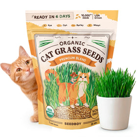 Seedboy cat grass seed blend packaging shows USA-made freshness for indoor cats.