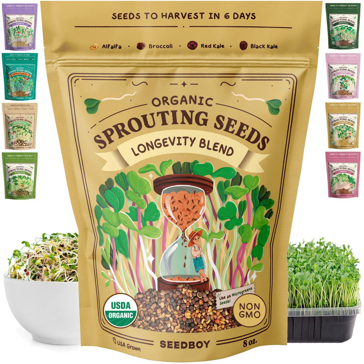 Seedboy Longevity Blend seeds for indoor sprouting, ready in days for fresh greens.