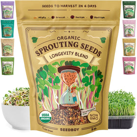 Seedboy Longevity Blend seeds for indoor sprouting, ready in days for fresh greens.