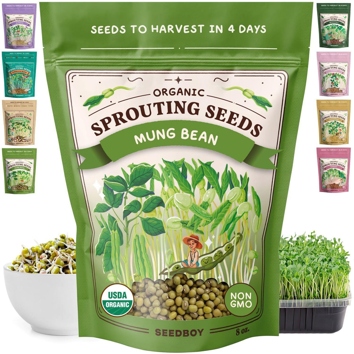 Seedboy mung bean seed bag with organic label for home sprouting