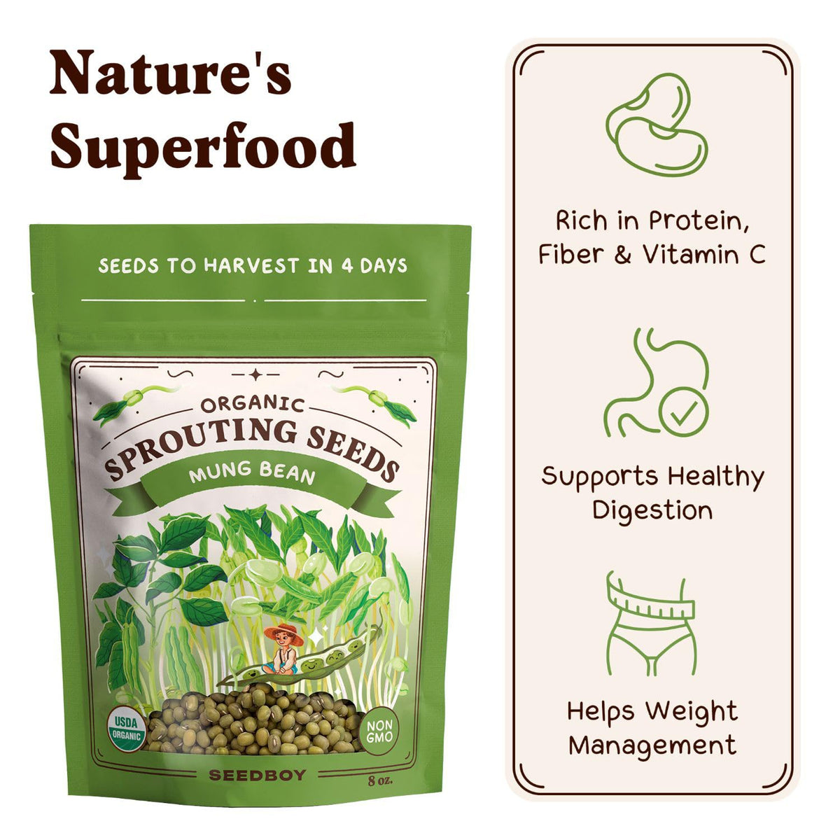 Seedboy organic label close-up showing non-GMO assurance
