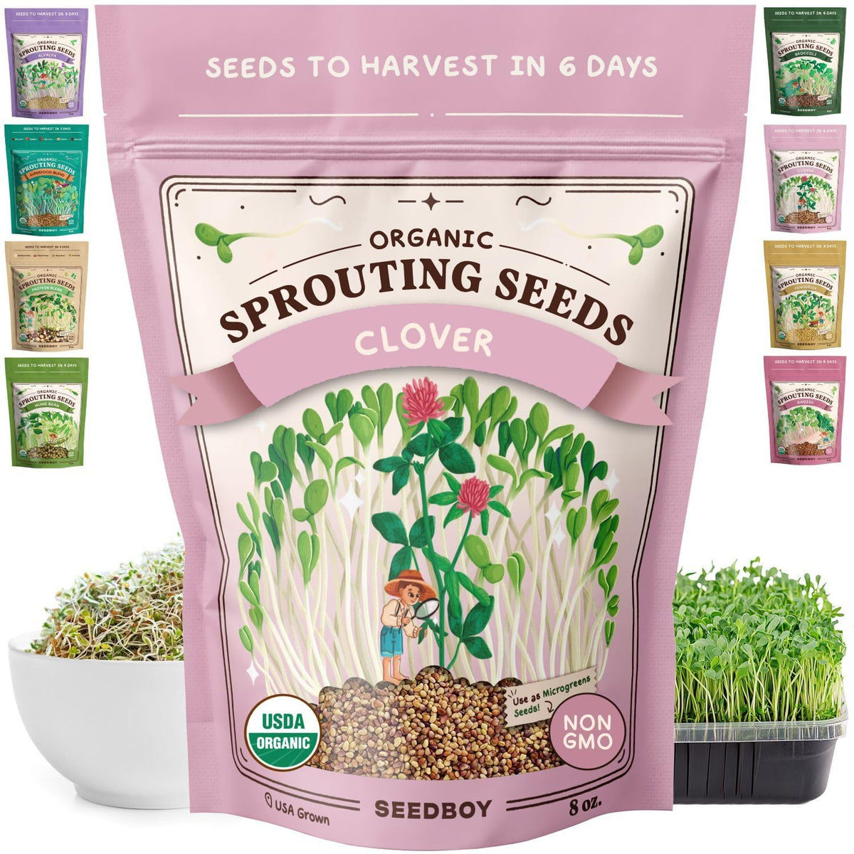 Seedboy red clover sprouting seeds in a bag ready for home microgreens.